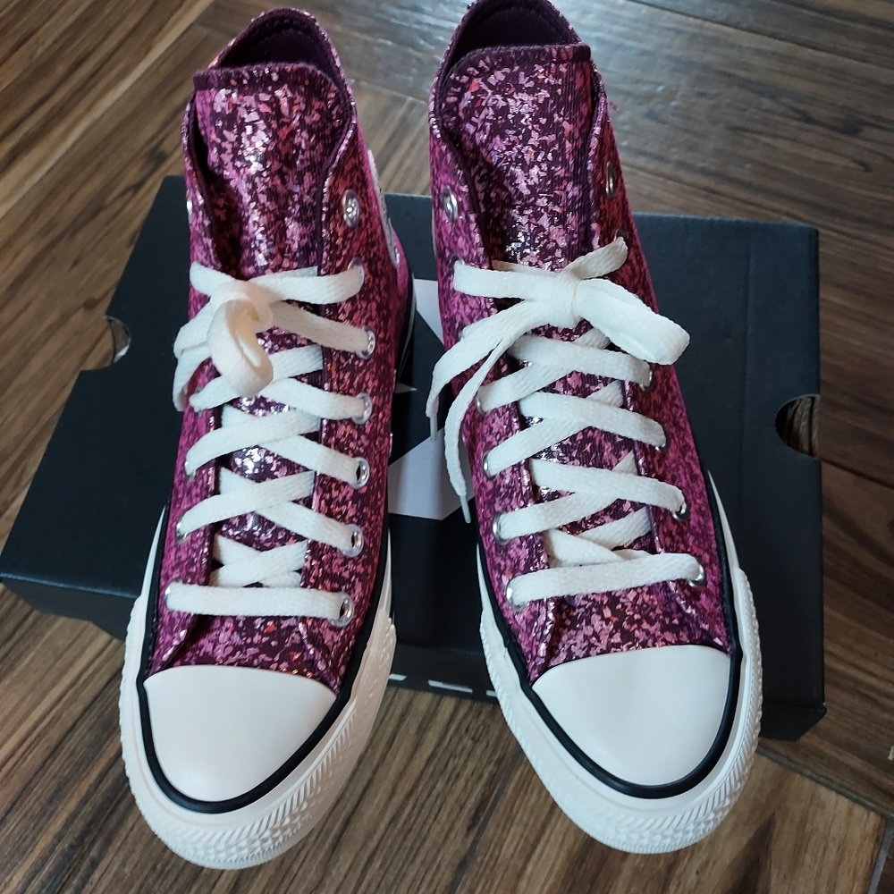 Converse All Star Pink High-Top Sneakers. Painted fleck-glitter canvas.  NWB - Picture 8 of 11